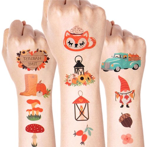 Thanksgiving Tattoo Stickers Orange Pumpkin Tattoo Art Stickers Fall Maple Temporary Tattoos Stickers Autumn Animal Tattoo Stickers Thanksgiving Party Arm/Body/Face Accessories for Children Adult