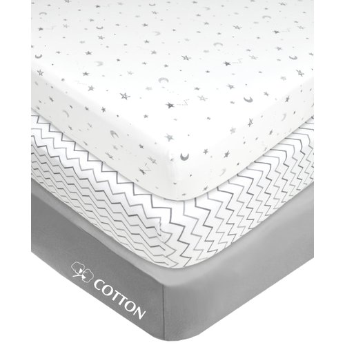 American Baby Company 3 Pack Fitted Mini Crib Sheet 24" x 38", Soft Breathable Neutral 100% Cotton Jersey Portable Sheet, Gray Star/Zigzag, for Boys and Girls, Fits Most Pack N Play Mattresses
