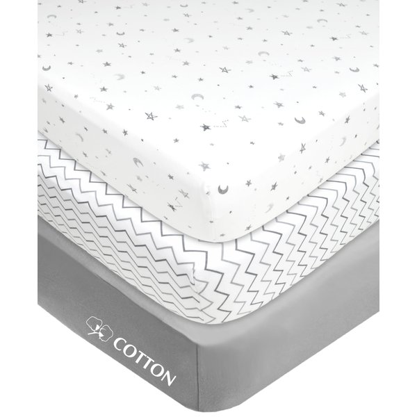 American Baby Company 3 Pack Fitted Mini Crib Sheet 24" x 38", Soft Breathable Neutral 100% Cotton Jersey Portable Sheet, Gray Star/Zigzag, for Boys and Girls, Fits Most Pack N Play Mattresses