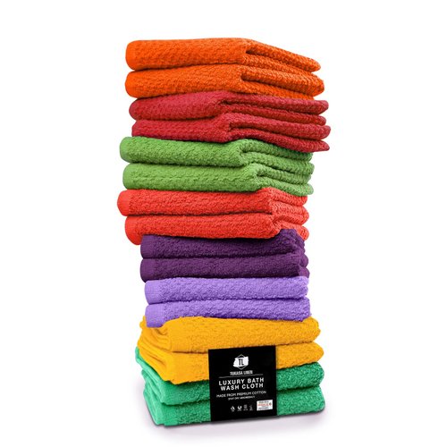 Tukasa Linens 16 Pack Cotton Washcloths for Body and Face, 12x12 Inches, Multipurpose and Lightweight Wash Clothes for Face. Highly Absorbent - Travel and Bath Towel (Multi-Color)