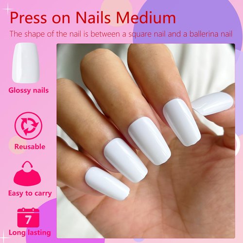 AddFavor 300pcs Coffin Press on Nails Medium Fake Nails Glossy White Nails Ballerina Square Nail Press on Acrylic False Nail for Women Girls