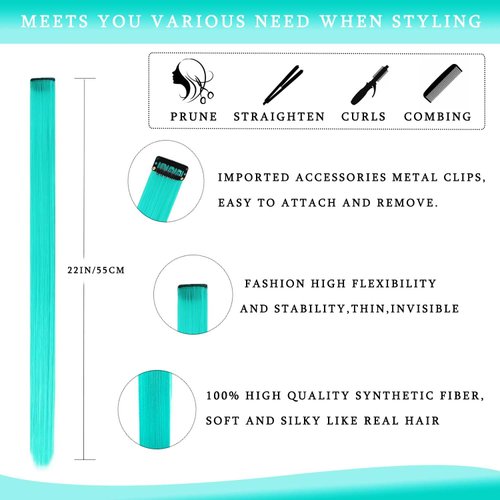 12 Pcs Colored Hair Extensions,22 inch Colored Highlights Clip in Hairpieces Rainbow Hair Extensions Colorful Party Straight Synthetic Hair Piece for Women Girls Gift (Teal)