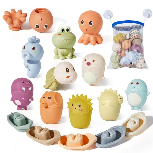 AMCHSURI Animal Bath Toys with Floating Boats for Toddlers 1-3, 15 PCS Mold Free Bathtub Toy for Infants 6-12 Months, Eco-Friendly Non Toxic Water Table Toys