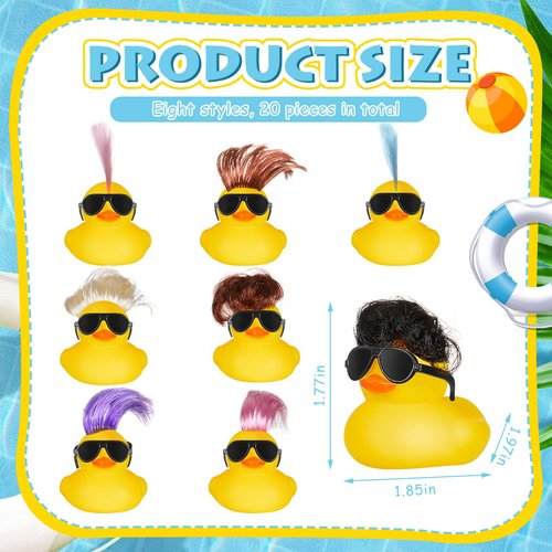 VercanMonth 20 Pcs Rubber Ducks with Wig and Black Glasses Squeaky Duck Bath Toy Small Rubber Duckies Bulk Cute and Funny Bathtub Toys for Summer Pool Birthday Gifts Holiday Party Favors (Classic)