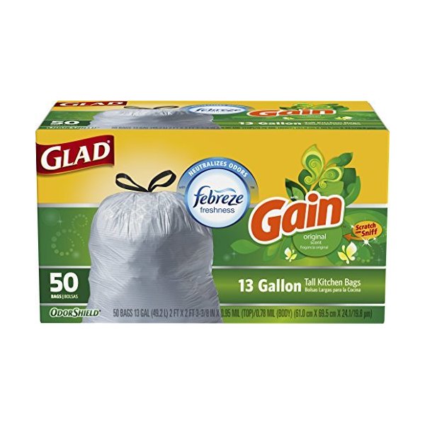 Glad OdorShield Gain Original Tall Kitchen Drawstring Trash Bags 13 gal 50 ct