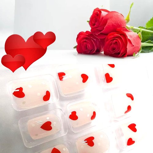 24Pcs Red Heart Press on Nails Short Square - Valentine’s Day Fake Nails Full Cover Glue on Nails with Design White Polka Dot Red Love Glossy Artificial Stick on Nails False Nails for Women Girls