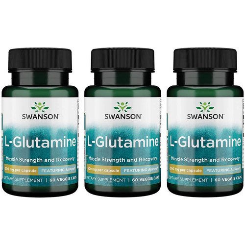 Swanson Amino Acid Ajipure L-Glutamine Pharmaceutical Grade 500 Milligrams 60 Veg Capsules (3 Pack)