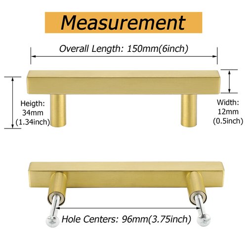 goldenwarm Gold Cabinet Handles 3 3/4 inch Brushed Brass Drawer Pulls 10 Pack - LS1212GD96 T Bar Square Gold Kitchen Cabinet Door Handle Bathroom Cabinet Pulls