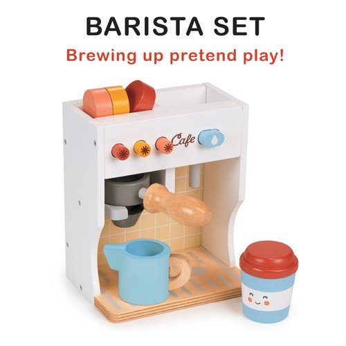 Mentari Toys - Barista Set - Wooden Coffee Machine Pretend Food Play Toy with Espresso Capsules and Cups - Made with Premium Materials and Craftsmanship - Age 3+