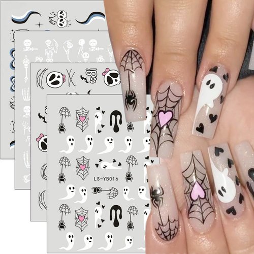 Luminous Halloween Nail Art Stickers Glow in Dark Spider Ghost Skull Nail Decals 3D Self-Adhesive White Skeleton Bone Spooky Nail Stickers Halloween Charms Supplies DIY Nail Decorations 8Sheets
