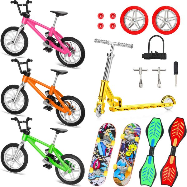 Sumind 18 Pieces Mini Finger Toys Set Includes Finger Skateboards, Finger Bikes, Mini Scooters and Matched Wheels and Tools Accessories Fingertip Movement Educational Toys for Gifts Party Favors