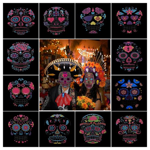 Day of the Dead Luminous Temporary Face Tattoos, 12 Sheets Halloween Glow in the Dark Sugar Skull Floral Rose Temporary Tattoo Stickers Mask Tattoo for Kids Women Adults Dia de los muertos Party Favor