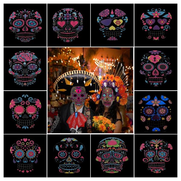 Day of the Dead Luminous Temporary Face Tattoos, 12 Sheets Halloween Glow in the Dark Sugar Skull Floral Rose Temporary Tattoo Stickers Mask Tattoo for Kids Women Adults Dia de los muertos Party Favor