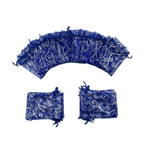 Ankirol 100pcs Sheer Organza Favor Bags For Wedding Baby Shower Rattan Print Gift Bags Samples Display Drawstring Pouches (4x6 inch, blue)