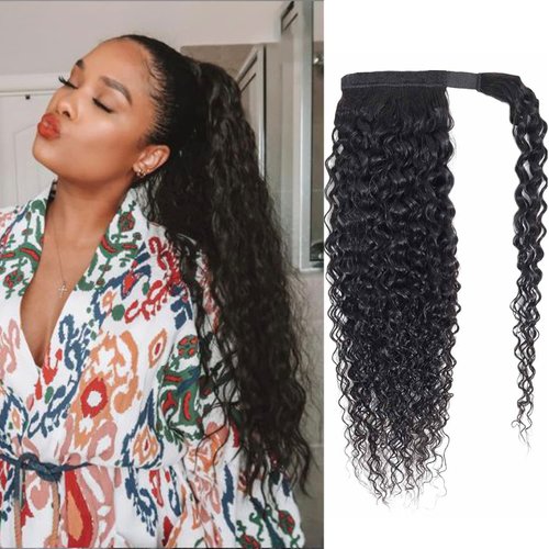 seelaak Kinky Curly Human Hair Ponytail Extension with Wrap Around True Length 10A Brazilian Ponytail Human Hair 3C Afro Curly Ponytail Clip in Human Hair Extensions Long Curly Wavy Ponytail 24 Inch