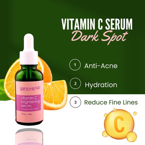 Genovie MD Vitamin C Brightening Serum For Face - Made with Anti Aging Properties, Hyaluronic Acid, Vitamin C - Facial Serum for Dark Spots, Fine Lines, Discoloration, and Wrinkles, 1 fl oz