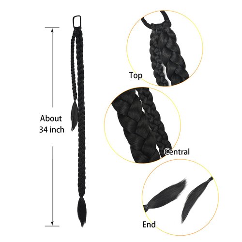 34 Inch Black Long Braided Ponytail Extension with Hair Tie Straight Wrap Around Hair Extensions DIY Pre Stretched Natural Soft Synthetic Hair Piece for Women (MW-1#)