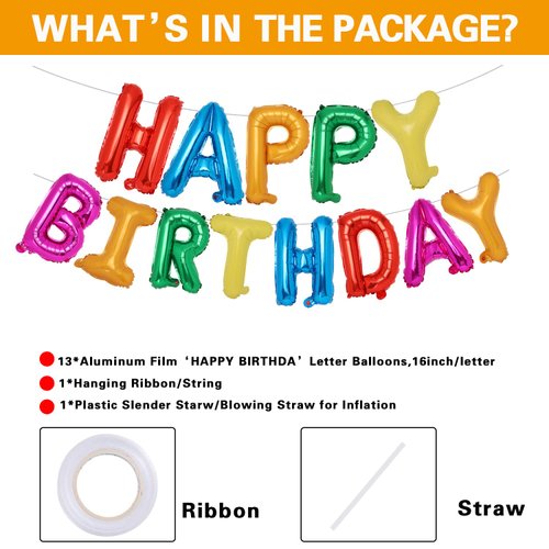 Accevo 7 Color Rainbow Happy Birthday Balloons Banner 16 Inch Mylar Foil Letters Balloons Happy Birthday Sign Banner for Kids, Child, Adults, Boys & Girls Birthday Party Decorations Balloon Supplies