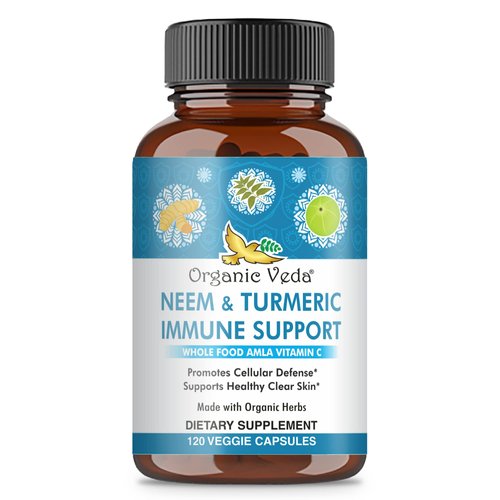 Organic Veda Neem & Turmeric Capsules with Amla Fruit, Tulsi, Holy Basil, Black Pepper Extract - Immune Support Dietary Supplement - Boosts Healthy Clear Skin & Cellular Defense - 120 Vegan Capsules