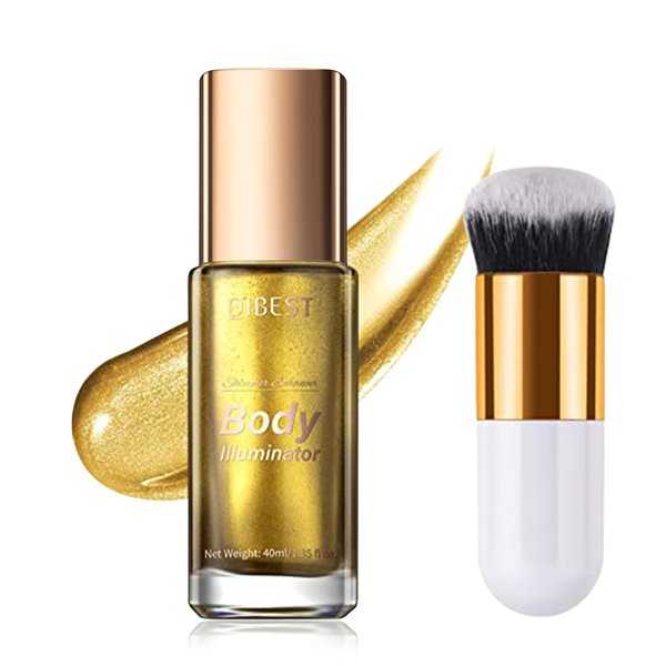 40ml Body Shimmer Oil,Liquid Body Illuminator, Waterproof Moisturizing And Glow For Face & Body, All-In-One Makeup Liquid Illuminator, Summer Body Luminizer,Makeup Brush Include (05#Gold)