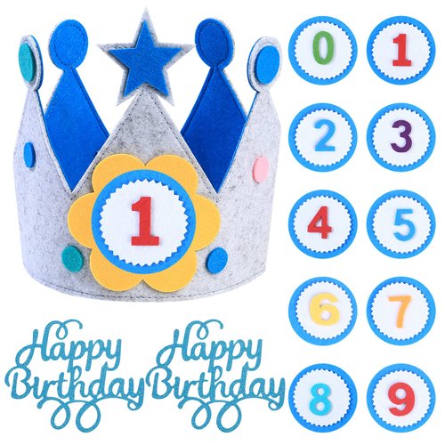 HexinYigjly Children's birthday crowns, changeable numbers 0-9, 3D stickers, fabric crown gifts for boys and girls, party decorations (blue)
