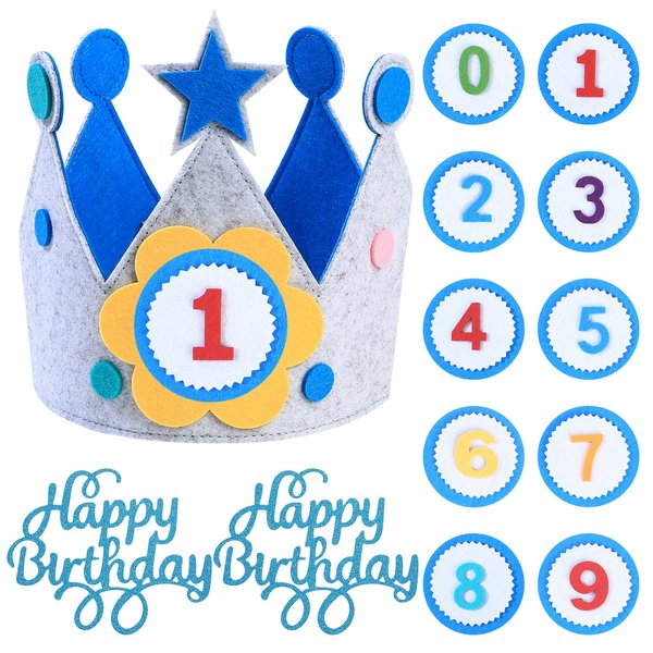 HexinYigjly Children's birthday crowns, changeable numbers 0-9, 3D stickers, fabric crown gifts for boys and girls, party decorations (blue)