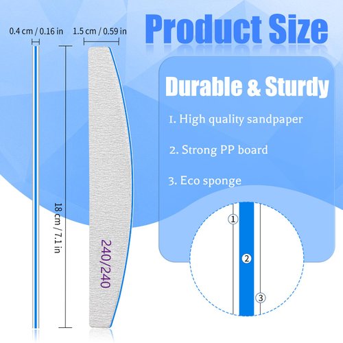 12 PCS Professional Nail File, 240/240 Grit Nail Files for Natural Nails Emery Boards Nail File Doubled Sides Washable Fine Grit Nail File Manicure Tools for Home and Salon Use