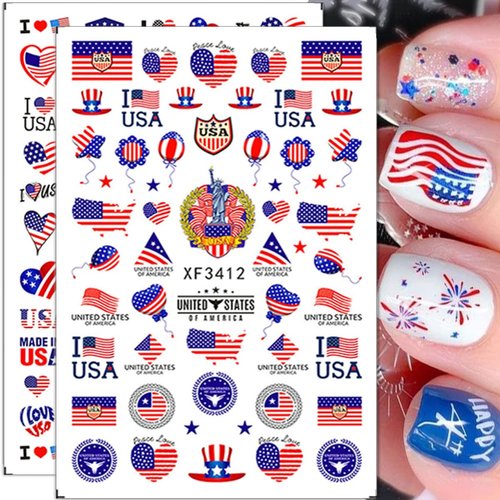 4th of July Nail Art Stickers 3D Patriotic Nail Decals USA Flag Independence Day Nail Stickers Self-Adhesive American Flag Designer Nail Art Supplies for Women Kids Girls Manicure Decoration