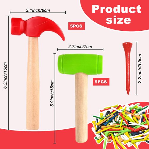 AIHSUMC 10 Pcs Kids Wooden Hammer Toy with 100 Pcs Colorful Wood Golf Tees, Small Plastic Hammer Simulation Hammers Educational Toys for Children Gift Birthday Party (Red and Green)