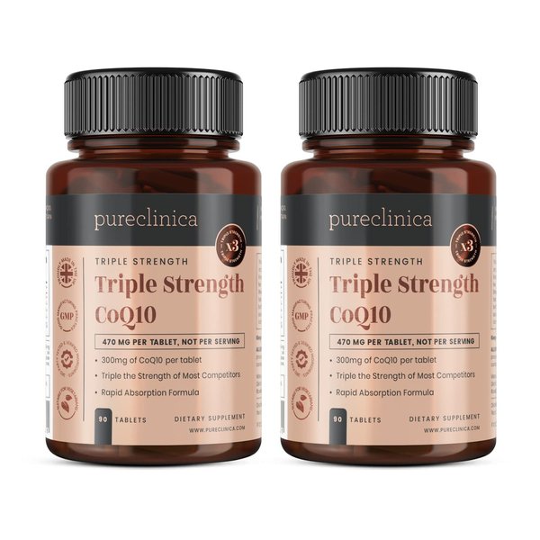 pureclinica Fermented CoQ10 300mg x 180 tablets (2 bottles of 90 tablets) - 6 Months supply. Non GMO, USP Grade. with Added Vitamin C & Black Pepper Extract for Absorption.
