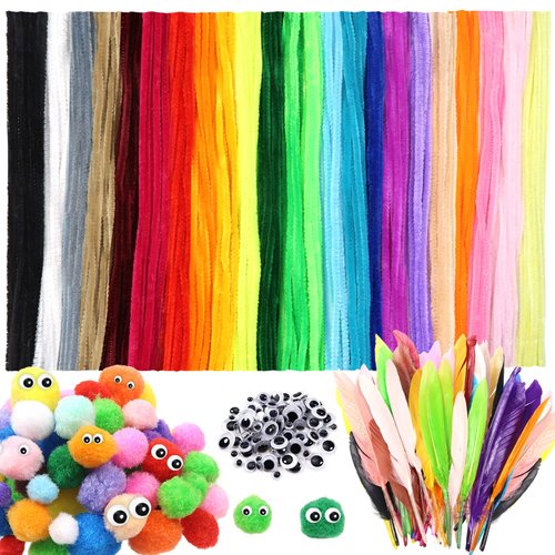 TOAOB 650pcs Pipe Cleaners Crafts Supplies Set Includes 250pcs Chenille Stems 200pcs Colorful Pom Poms 150pcs Assorted Size Wiggle Googly Eyes and 50pcs Goose Feathers for Craft DIY Art Supplies