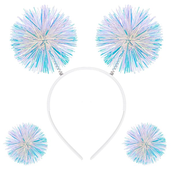 WLLHYF 3 PCS Pom Pom Party Cute Headband White Pink Foil Strips Ball Hairpin Headwear Birthday Stage Props Cosplay Costumes Halloween Accessory for Girls Adults Women Christmas (blue)