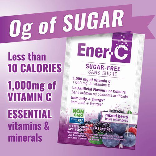 Ener-C Sugar Free Mixed Berry Multivitamin Drink Mix, 1000mg Vitamin C, Non-GMO, Vegan, Real Fruit Juice Powders, Natural Immunity Support, Electrolytes, Gluten Free, 1-Pack of 30
