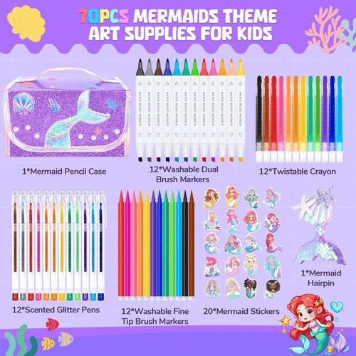 70PCS Mermaid Washable Markers Set with Glitter Pencil Case,Art Supplies for Kids Ages 4-6-8,Drawing Coloring Art Craft Kits for Girls with Marker,Glitter Pens,Crayon,Birthday Gifts Toys for Girls