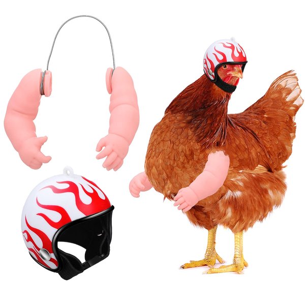 Gejoy 2 Pieces Chicken Toys Include Chicken Doll Arms and Chicken Helmet Pet Safety Helmet for Chickens Hens Cocks