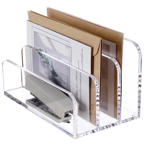 SANRUI Acrylic File Mail Desktop Organizer Sorters,3 Compartments Laddered Clear Desk Letter Organizer Office Document Sorter,Multifunction Envelope Folder Racks Holders for Office,Home, School