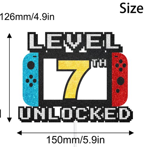 Level 7th Unlocked Cake Topper - Level 7th game Sign Theme Party Decorations 7th Happy Birthday Level Up Cake Decorations for Video Game Themed Kids Boy Girl Party Supplies