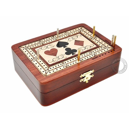 House of Cribbage - 2 Track - Wooden Cribbage Board/Box - Inlaid in Bloodwood/Maple Wood - Storage for Pegs & One Deck of Cards - 60 Points - Non Continuous