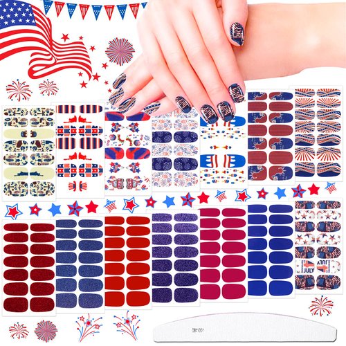 JERCLITY 14 Sheets Independence Day Nail Polish Strips Patriotic American Flag Nail Art Stickers 4th of July Nail Wraps Self-Adhesive Solid Color Nail Decals Manicure Sticker for Memorial Day