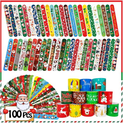 SUNPROUND 100Pcs Christmas Slap Bracelets, Christmas Party Favors for Kids, Christmas Stocking Stuffers, Christmas Toys For kid and children, Party Gift Bag Filler Supply
