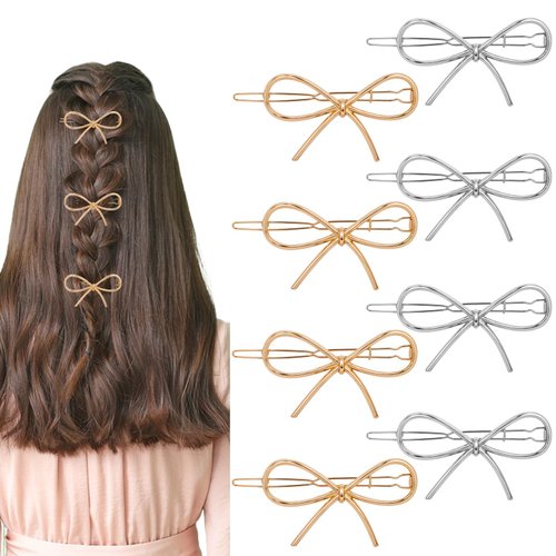 Ptwola 8 Pcs Metal Hairpins Bowknot Stylish Minimalist Barrettes Simple Gold and Silver Hair Clamps Accessories Hairstyling Jewelry Bun Clips French Twist Hair Sticks Bobby Pins for Women Girls
