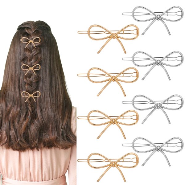 Ptwola 8 Pcs Metal Hairpins Bowknot Stylish Minimalist Barrettes Simple Gold and Silver Hair Clamps Accessories Hairstyling Jewelry Bun Clips French Twist Hair Sticks Bobby Pins for Women Girls