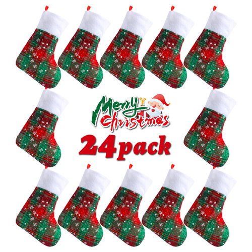 GlyinnHe 24Pack Mini Christmas Stockings, 7 Inch Buffalo Plaid Stocking Snowflake Red Green Stockings with Plush Cuff for Christmas Tree Ornament Decorations Gift Holder