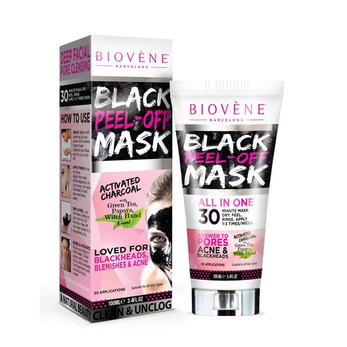 Biov?ne Black Peel-Off Mask, 3.4 oz Tube, Black Face Mask to Combat Acne, Blemishes and Blackheads with Activated Charcoal, Aloe Vera, and Green Tea (Pack of 1)