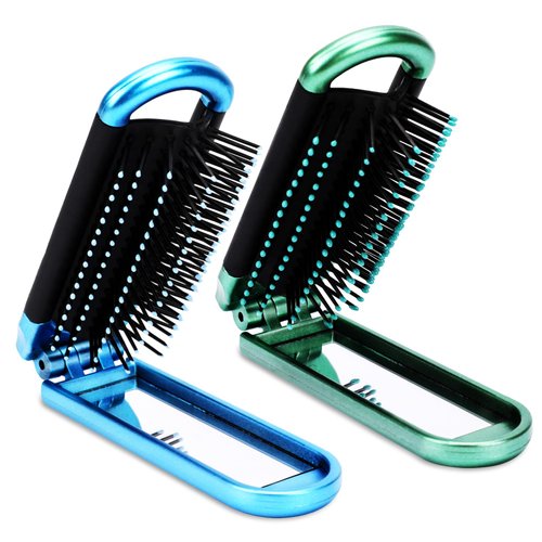 Mini Folding Compact Hair Brush with Mirror for Women and Girls, Massage and Pocket Comb for Travel, Gym, Purse, Swimming (Blue & Green)