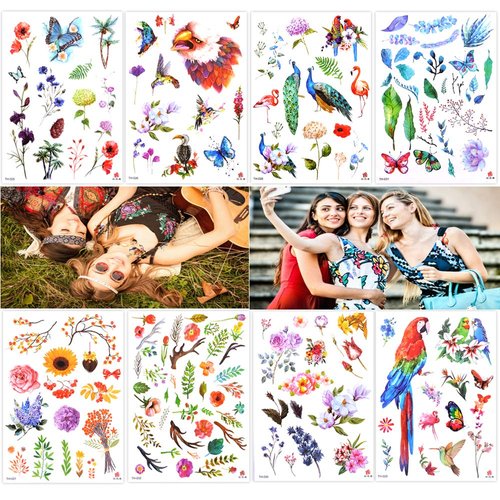 Lady Up 8 Sheets Sexy Flowers Roses Butterflies Waterproof Multi-Colored Mixed Style Fake Temporary Tattoos Stickers for Women Girls Kids Body Art Collection