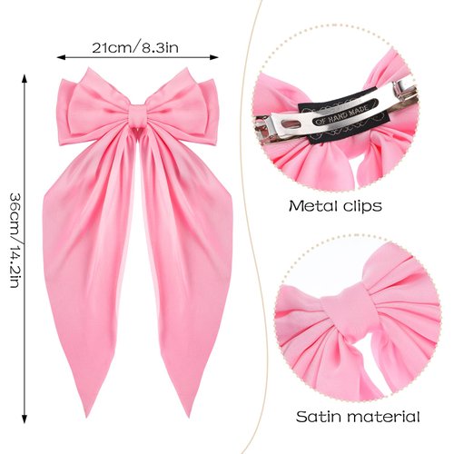 6PCS Silky Satin Hair Bows Long Tail Oversized Hair Ribbons Big Bow Barrettes Metal Bowknot Clips Ponytail Holder Aesthetic Accessories for Women Girls Toddlers Teens Kids