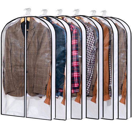 Mskitchen Hanging Clothes Bag with 4" Gusseted Garment Bag (Set of 6) for Storage Suit Bag for Closet Clear Dress Covers for Suits, Sweaters, Shirts - 24"x 40"x 4"/ 6 Pack