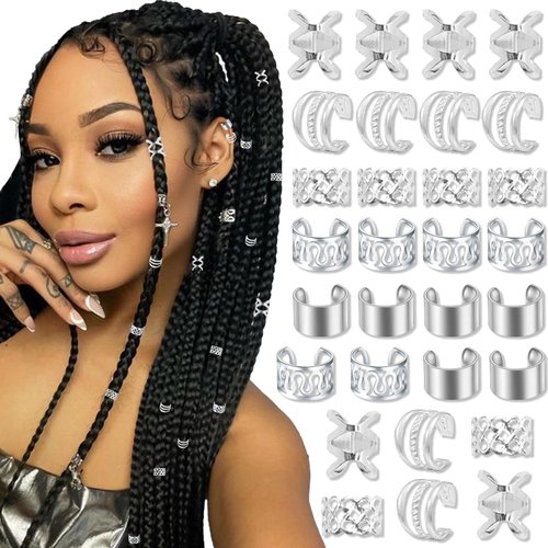 NAISKA Silver Jewelry for Braids, Dreadlocks and Beards - Metal Braid Clips, Non-Piercing Ear Cuffs, Hair Cuffs, and Beads for Women and Men (30PCS)