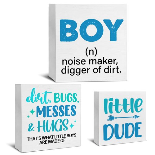 3 Pcs Baby Boy Wood Signs Decor Nursery Baby Boys Wood Block Signs Baby Shower Wooden Box Signs Decorations for Home Tiered Tray Desk Table Shelf